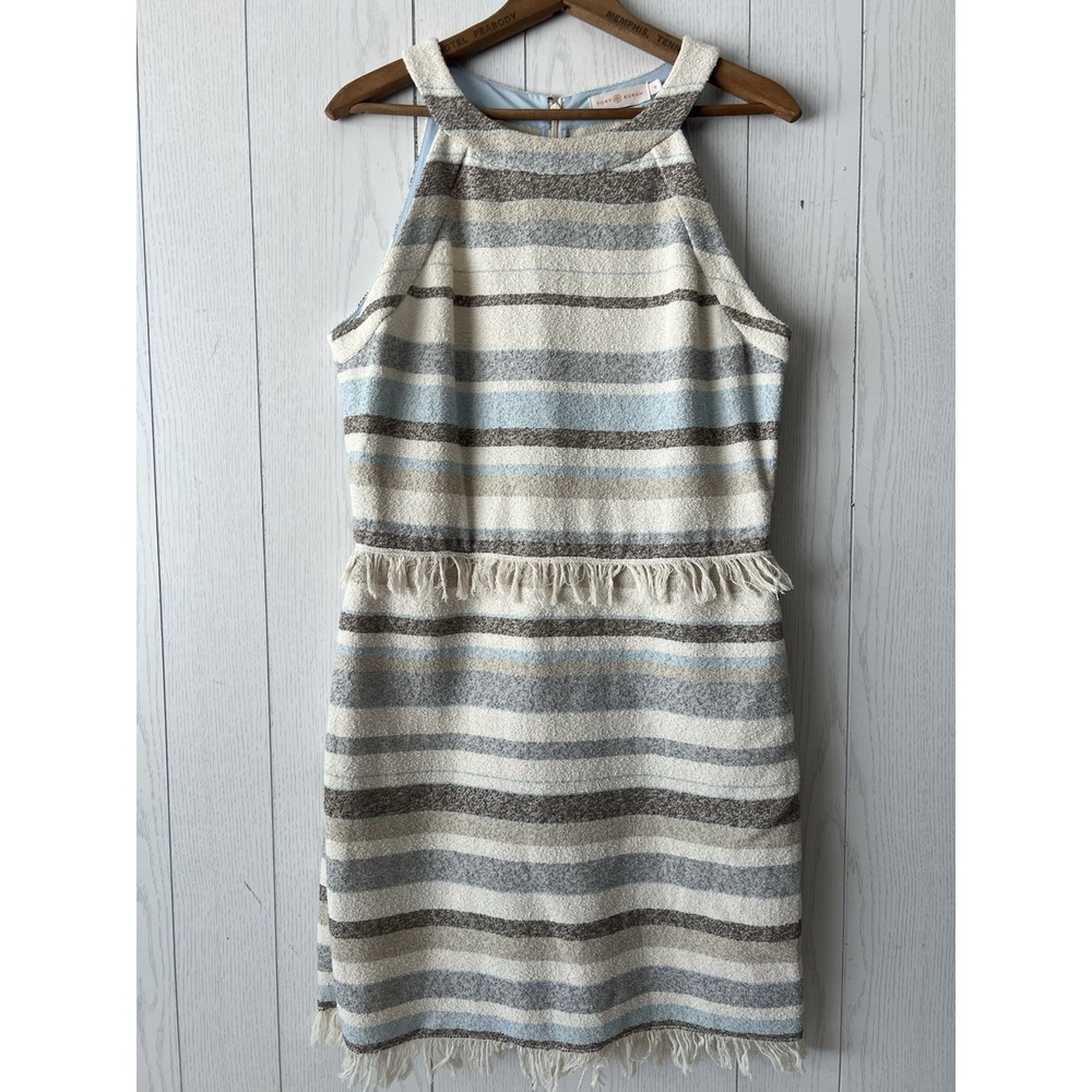Tory Burch Jane Sheath Dress Knee Length Textured Size 10 Fringe Brown Cream